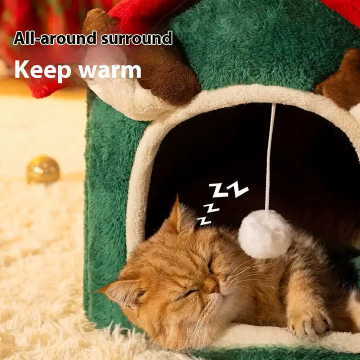 Christmas Pet House - Winter Warm Thickened 4-Season Cat Dog Bed Removable Washable Enclosed Fleece-Lined Tent House
