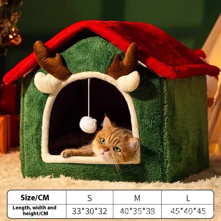 Christmas Pet House - Winter Warm Thickened 4-Season Cat Dog Bed Removable Washable Enclosed Fleece-Lined Tent House