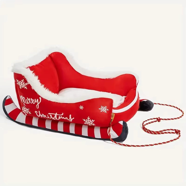 Christmas Santa Sleigh Pet Bed Holiday Plush Dog Cat Bed with Removable Cushion Cozy Warm Pet Furniture Gift for Puppy Kitten