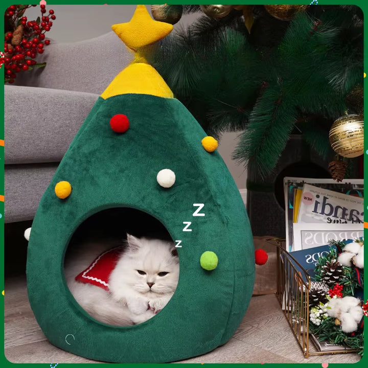 Christmas Cat/Dog Nest Warm Comfortable Plush Teddy Pet Bed Cave Bed Shape Tree Cat Nest Detachable and Washable Pet Supplies