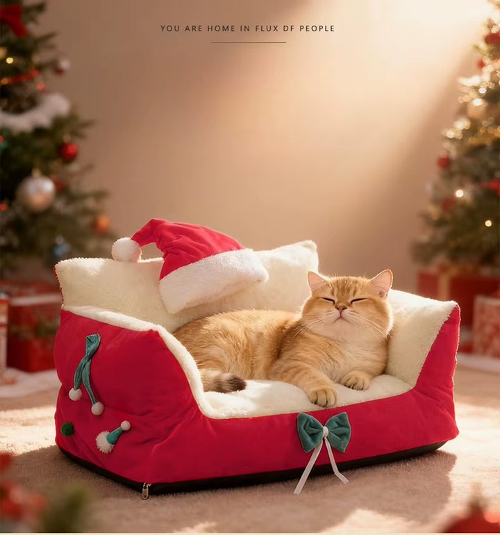 Christmas Cat Bed,Pet Bed with Soft Neck Bolster, Comfort Cat Couch Sofa, Soft PP Cotton Filled, Pets Gift for Christmas