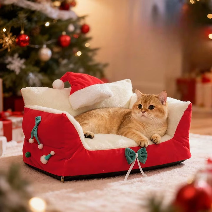 Christmas Cat Bed,Pet Bed with Soft Neck Bolster, Comfort Cat Couch Sofa, Soft PP Cotton Filled, Pets Gift for Christmas