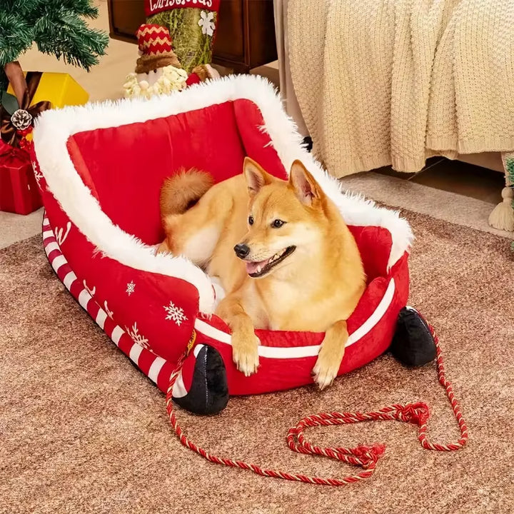 Christmas Santa Sleigh Pet Bed Holiday Plush Dog Cat Bed with Removable Cushion Cozy Warm Pet Furniture Gift for Puppy Kitten