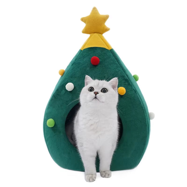 Christmas Cat/Dog Nest Warm Comfortable Plush Teddy Pet Bed Cave Bed Shape Tree Cat Nest Detachable and Washable Pet Supplies