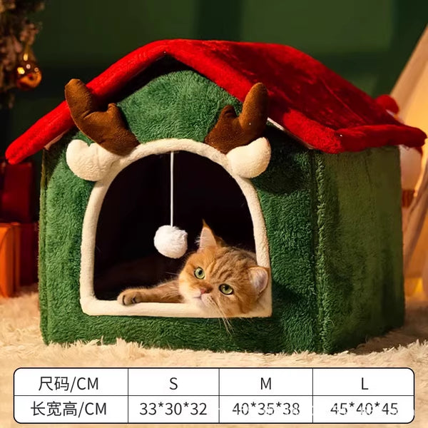Christmas Pet House - Winter Warm Thickened 4-Season Cat Dog Bed Removable Washable Enclosed Fleece-Lined Tent House