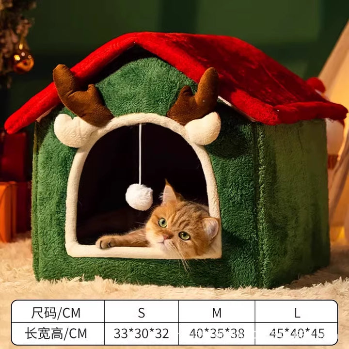 Christmas Pet House - Winter Warm Thickened 4-Season Cat Dog Bed Removable Washable Enclosed Fleece-Lined Tent House