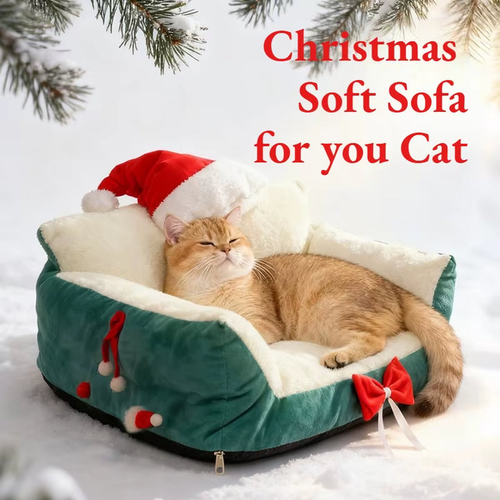 Christmas Cat Bed,Pet Bed with Soft Neck Bolster, Comfort Cat Couch Sofa, Soft PP Cotton Filled, Pets Gift for Christmas
