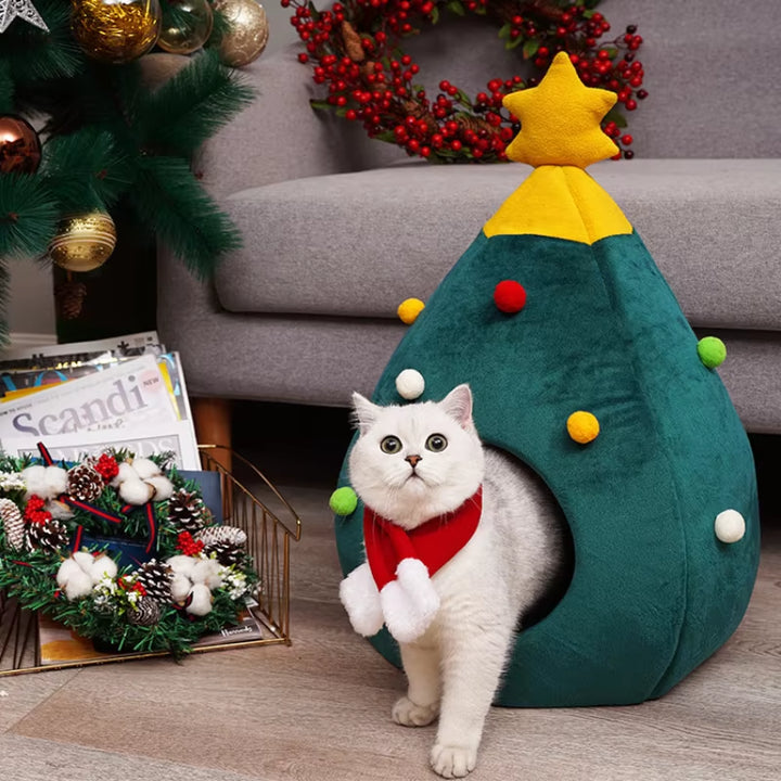 Christmas Cat/Dog Nest Warm Comfortable Plush Teddy Pet Bed Cave Bed Shape Tree Cat Nest Detachable and Washable Pet Supplies