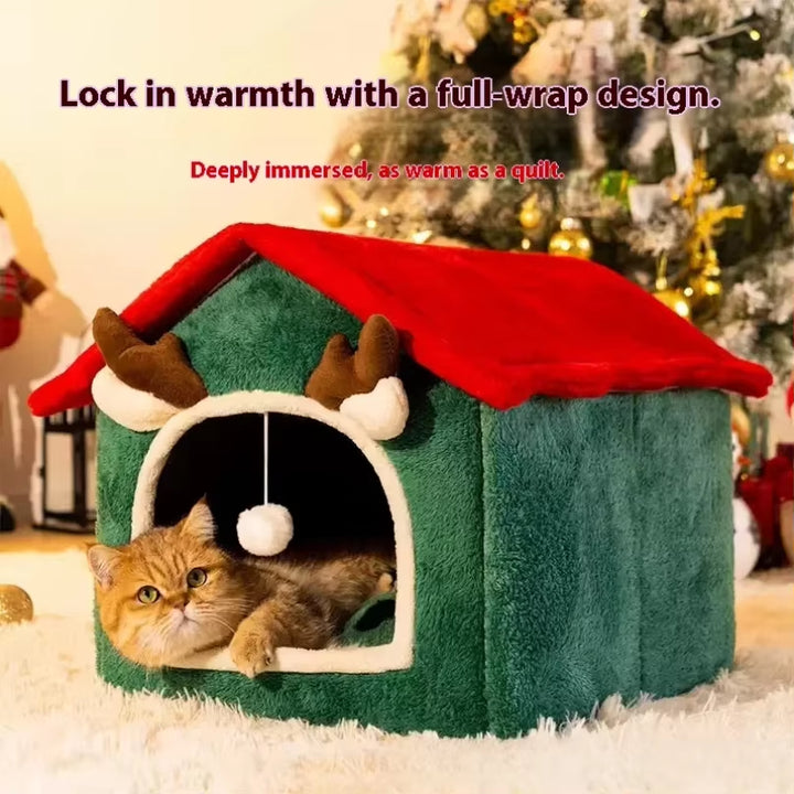 Christmas Pet House - Winter Warm Thickened 4-Season Cat Dog Bed Removable Washable Enclosed Fleece-Lined Tent House