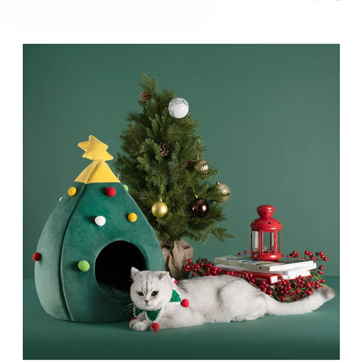 Christmas Cat/Dog Nest Warm Comfortable Plush Teddy Pet Bed Cave Bed Shape Tree Cat Nest Detachable and Washable Pet Supplies