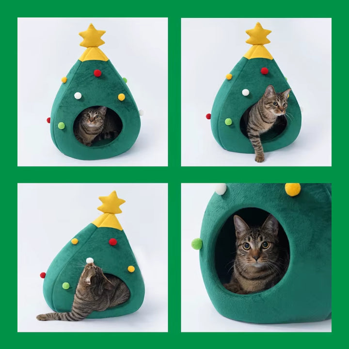 Christmas Cat/Dog Nest Warm Comfortable Plush Teddy Pet Bed Cave Bed Shape Tree Cat Nest Detachable and Washable Pet Supplies