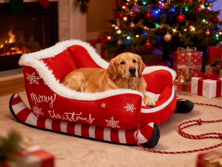 Christmas Santa Sleigh Pet Bed Holiday Plush Dog Cat Bed with Removable Cushion Cozy Warm Pet Furniture Gift for Puppy Kitten