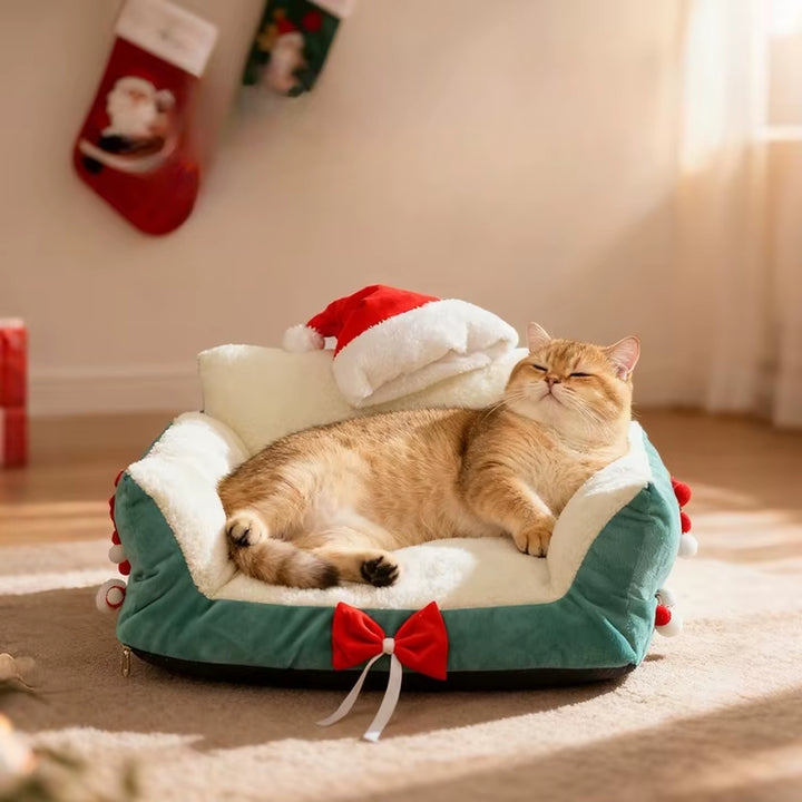 Christmas Cat Bed,Pet Bed with Soft Neck Bolster, Comfort Cat Couch Sofa, Soft PP Cotton Filled, Pets Gift for Christmas