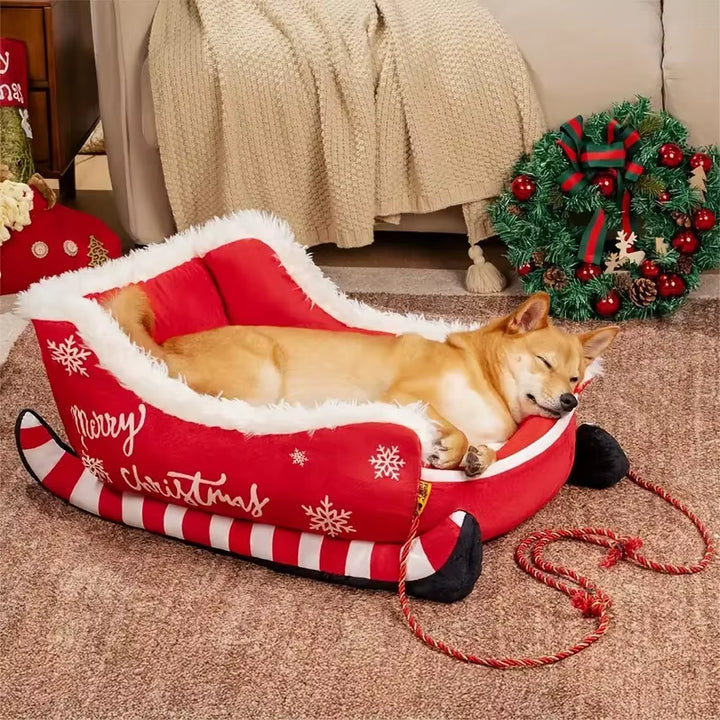 Christmas Santa Sleigh Pet Bed Holiday Plush Dog Cat Bed with Removable Cushion Cozy Warm Pet Furniture Gift for Puppy Kitten