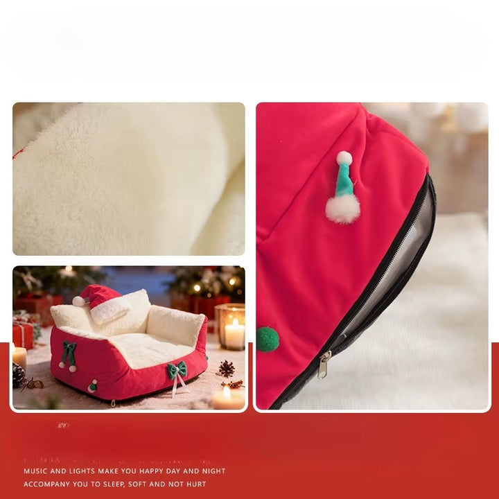 Christmas Cat Bed,Pet Bed with Soft Neck Bolster, Comfort Cat Couch Sofa, Soft PP Cotton Filled, Pets Gift for Christmas