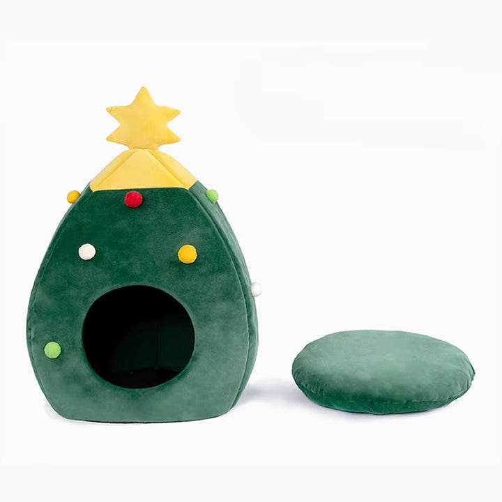 Christmas Cat/Dog Nest Warm Comfortable Plush Teddy Pet Bed Cave Bed Shape Tree Cat Nest Detachable and Washable Pet Supplies